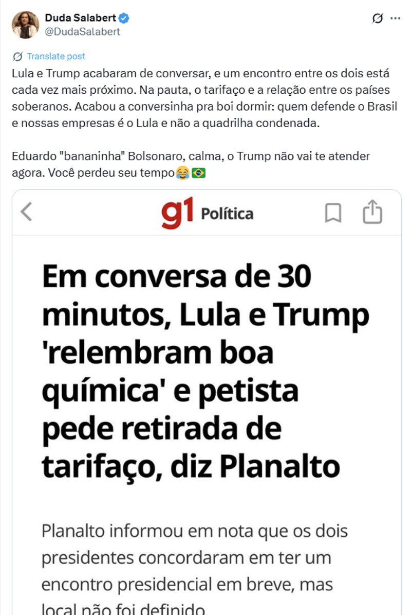 Postagem de Duda Salabert no X.