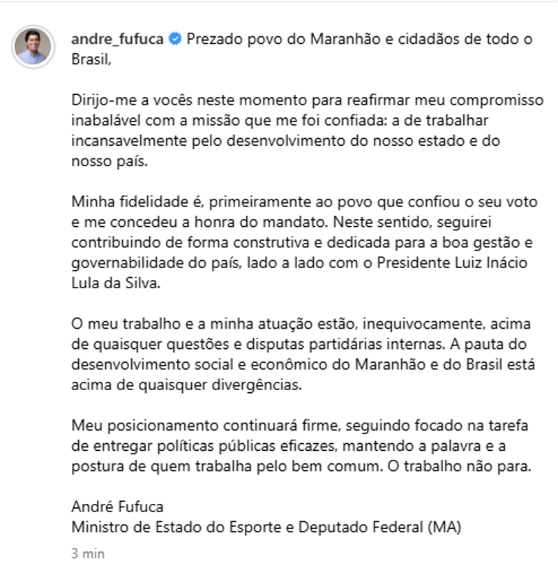 Publicação de Fufuca após decisão do PP.