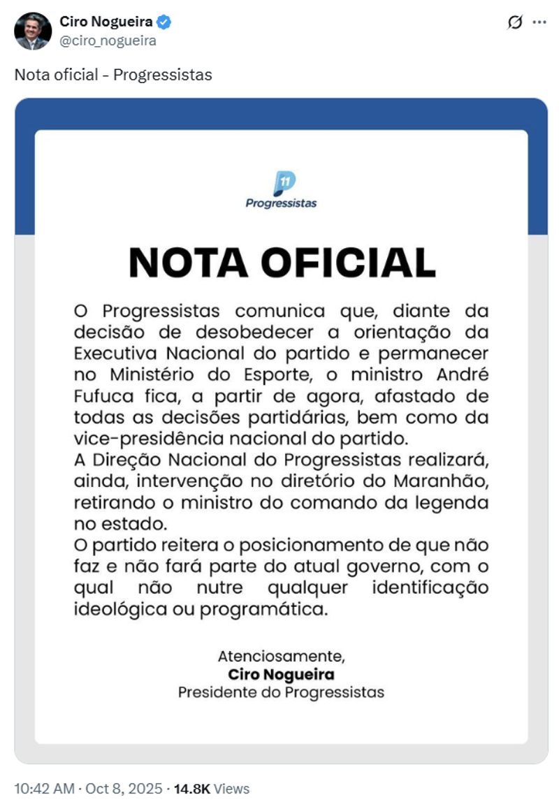 Nota publicada por Ciro Nogueira no X.