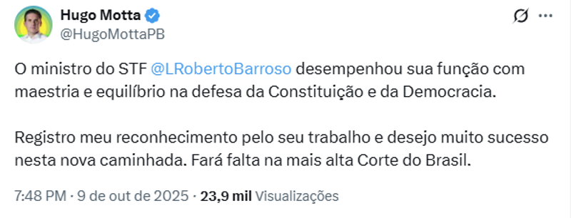 Publicação de Hugo Motta. 