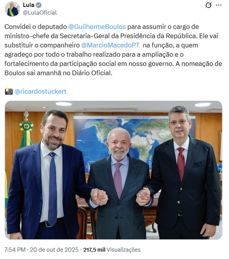 Publicação do presidente Lula no X. Publicação do presidente Lula no X.