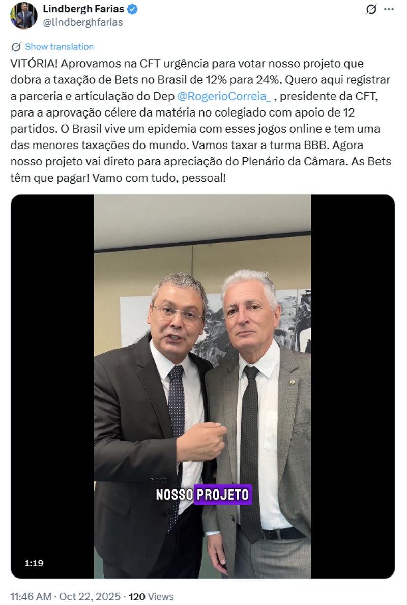Publicação de Lindbergh no X.