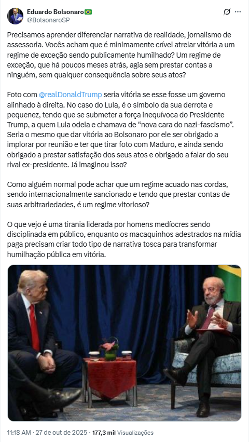 Eduardo criticou a tentativa de transformar o encontro em vitória diplomática. Eduardo criticou a tentativa de transformar o encontro em vitória diplomática.