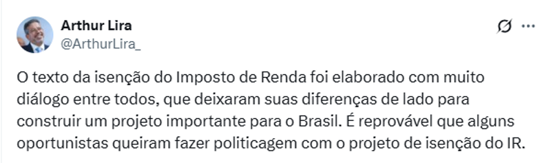 Publicação de Arthur Lira.