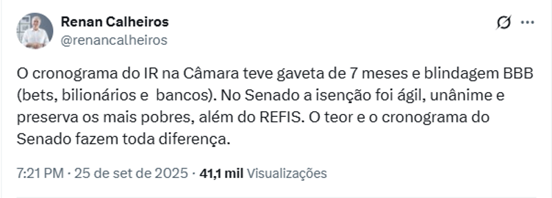 Publicação de Renan Calheiros. 