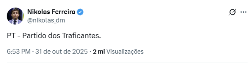 Publicação de Nikolas Ferreira. 