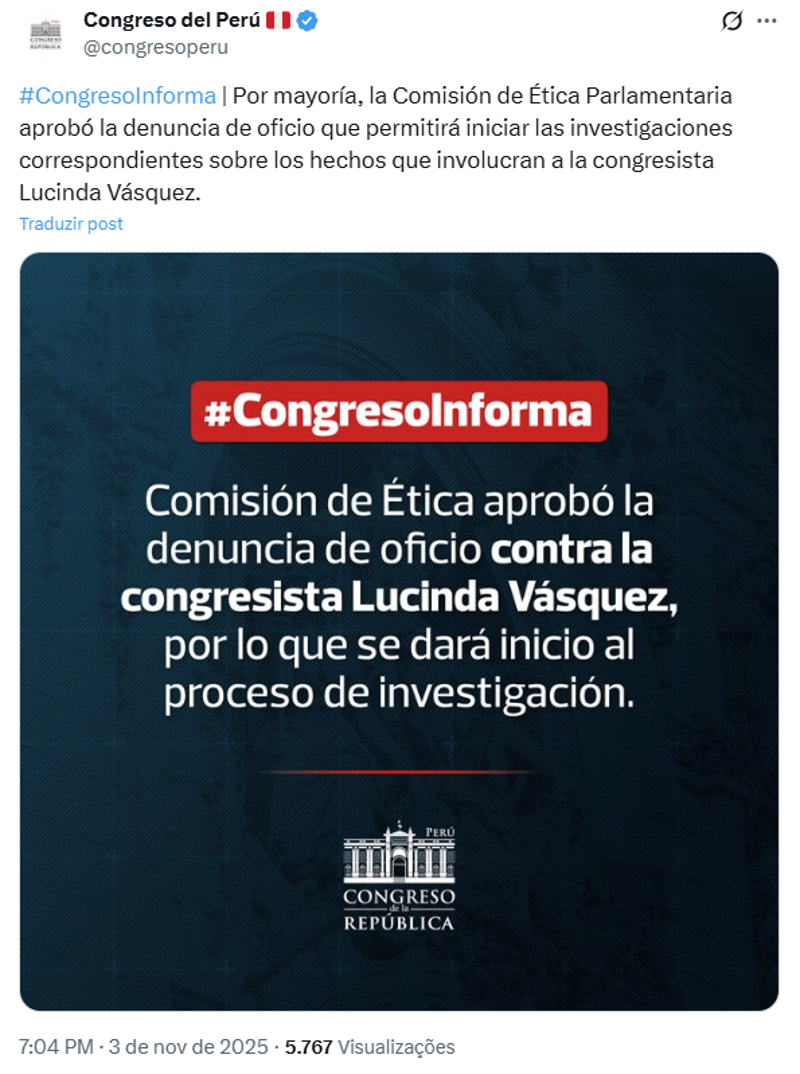 Publicação feita pelo Parlamento peruano. 