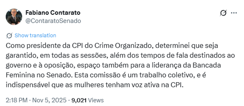 Publicação de Fabiano Contarato no X.