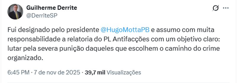 Derrite celebrou a escolha e disse que assumirá a relatoria 