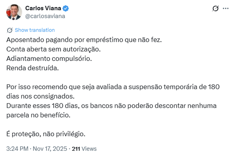 Publicação de Viana no X.