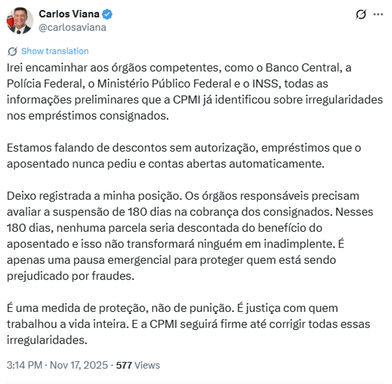 Publicação de Viana no X.