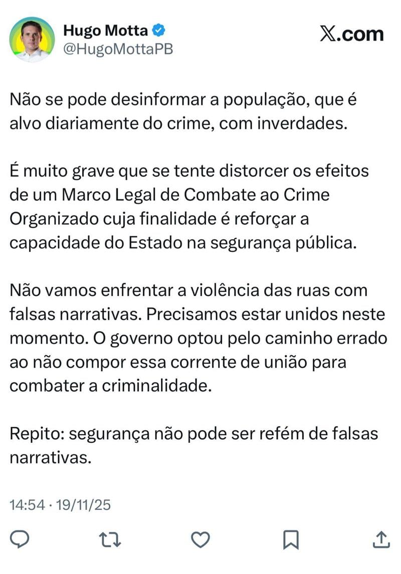 Publicação de Motta no X.