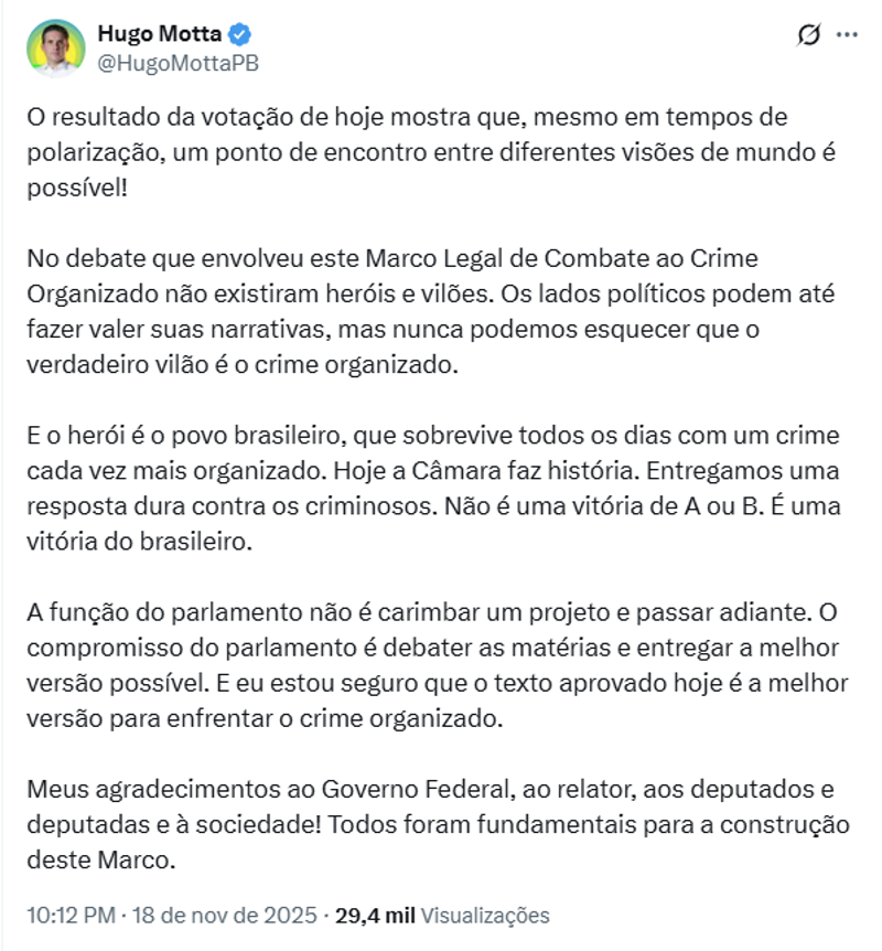 Publicação de Hugo Motta. 
