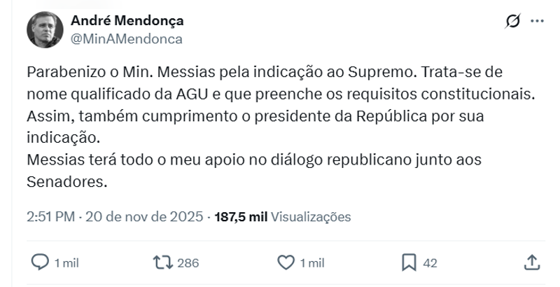 Ministro André Mendonça se dispôs a ajudar Messias no diálogo com senadores.