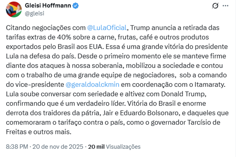 Publicação de Gleisi Hofmmann.