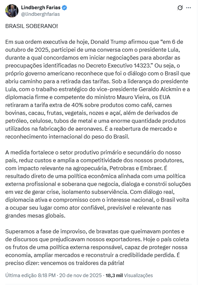 Publicação de Lindbergh Farias.