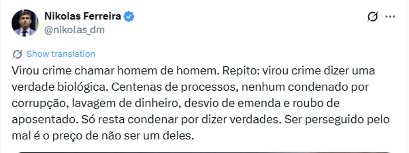 Nikolas está no seu primeiro mandato.