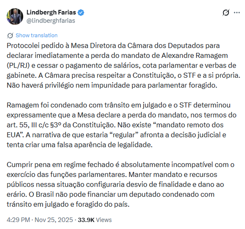 Postagem do deputado no X.