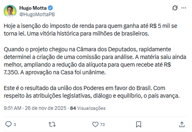 Mensagem publicada por Hugo Motta na manhã desta quarta-feira.
