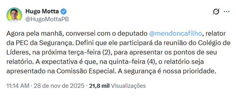 Motta fez o anúncio em postagem nas redes sociais.