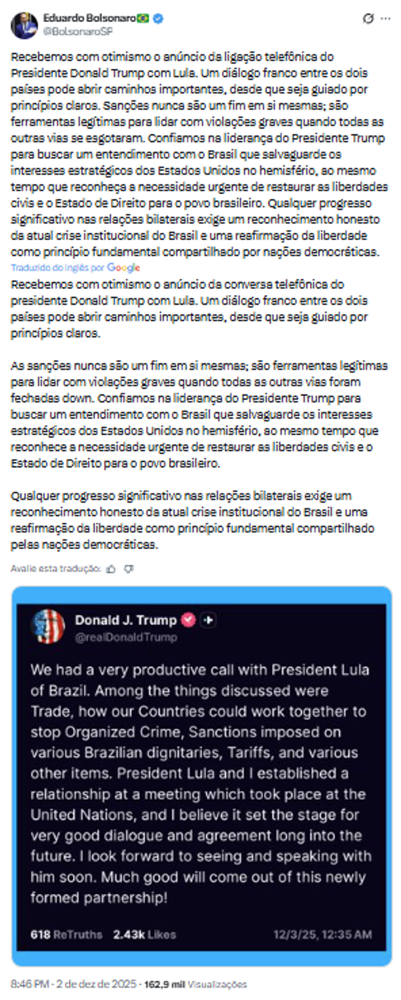 Publicação feita por Eduardo Bolsonaro sobre aproximação entre Trump e Lula