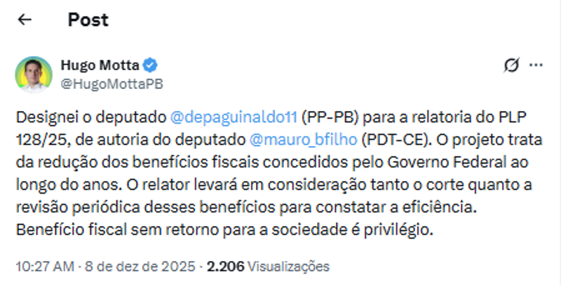 Hugo Motta designou Aguinaldo Ribeiro para relatar o projeto que reduz os incentivos fiscais.