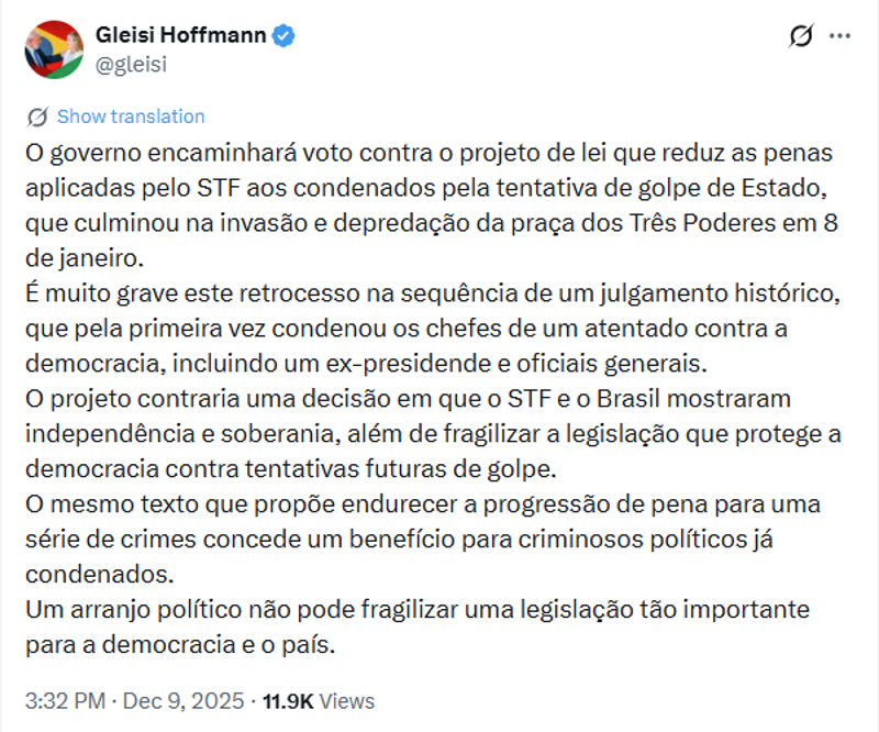 Publicação da ministra nas redes sociais.