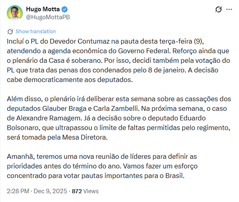 Publicação de Hugo Motta nas redes sociais.