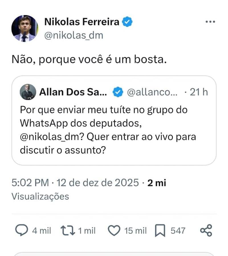 Nikolas e Allan dos Santos bateram boca pelas redes.