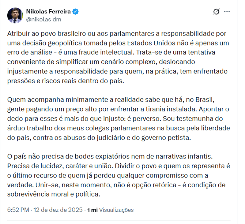 Reprodução da mensagem publicada por Nikolas em resposta às alegações de Eduardo e Paulo Figueiredo para o fim das sanções a Moraes.