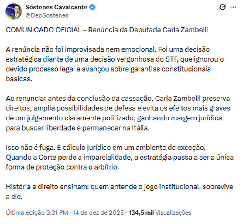Sóstenes comentou a renúncia de Zambelli: 