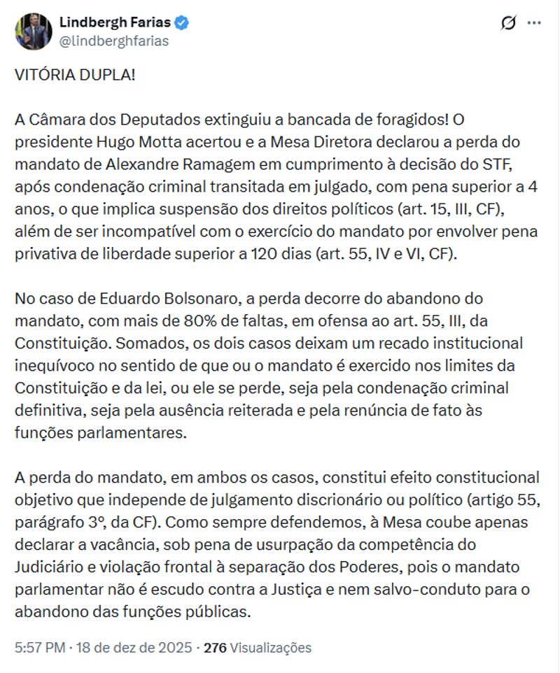 Declaração de Lindbergh Farias.
