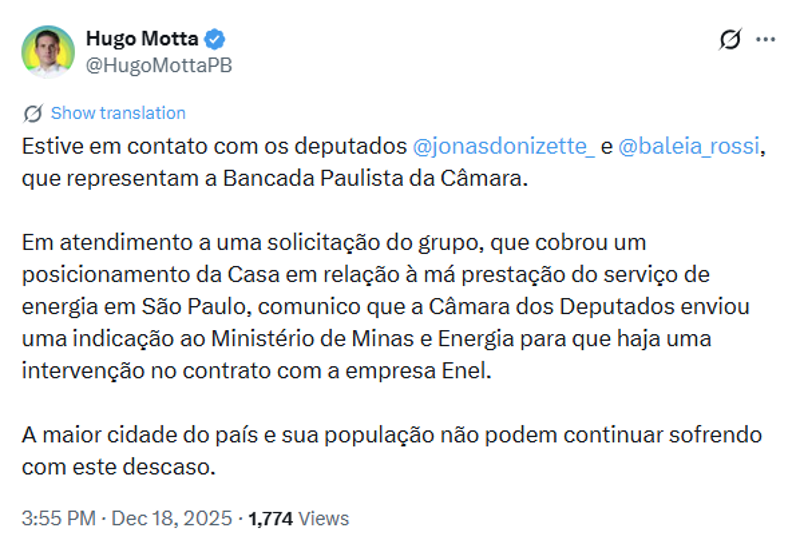 Publicação de Hugo Motta no X.