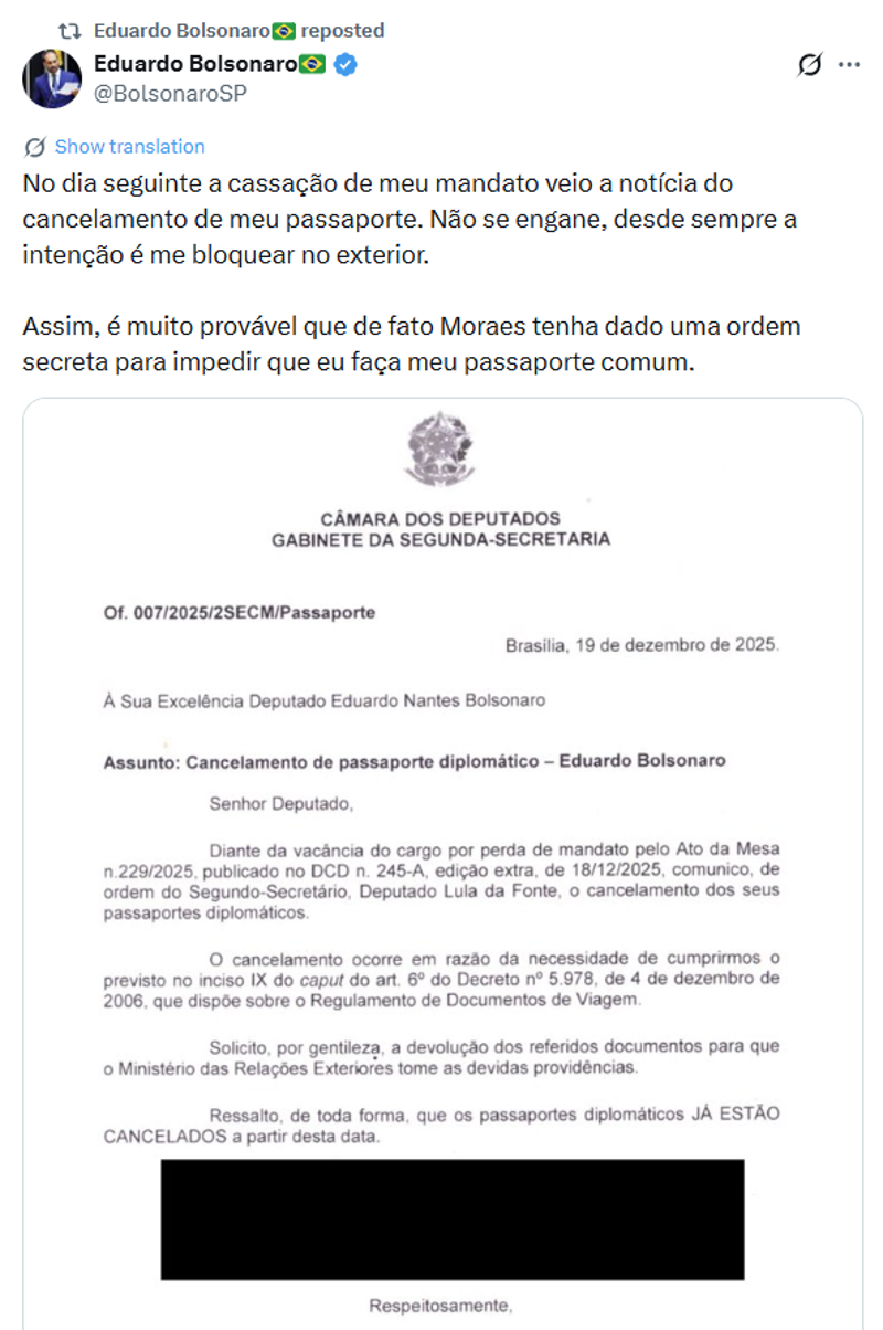 Publicação de Eduardo Bolsonaro no X.