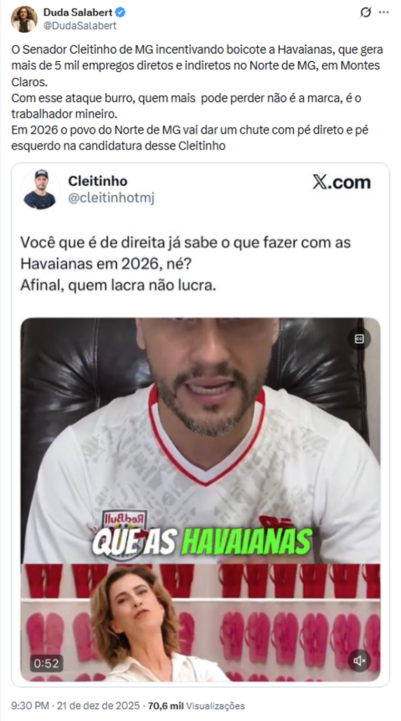 Resposta da deputada Duda Salabert à crítica do senador Cleitinho ao comercial da Havaianas.