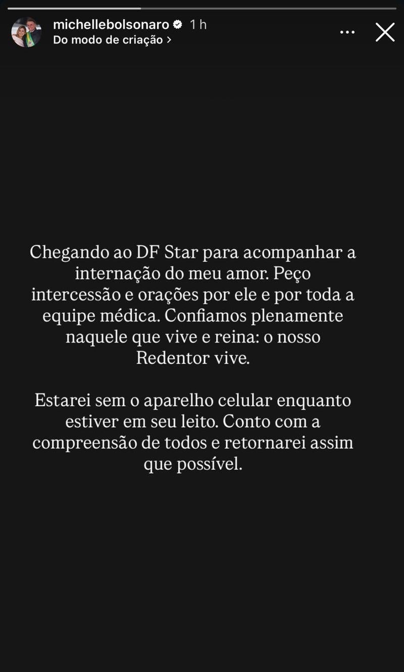 Michelle Bolsonaro pede oração pelo marido e pela equipe médica.