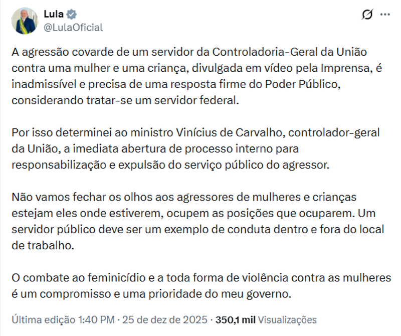 Publicação do presidente Lula sobre o caso.