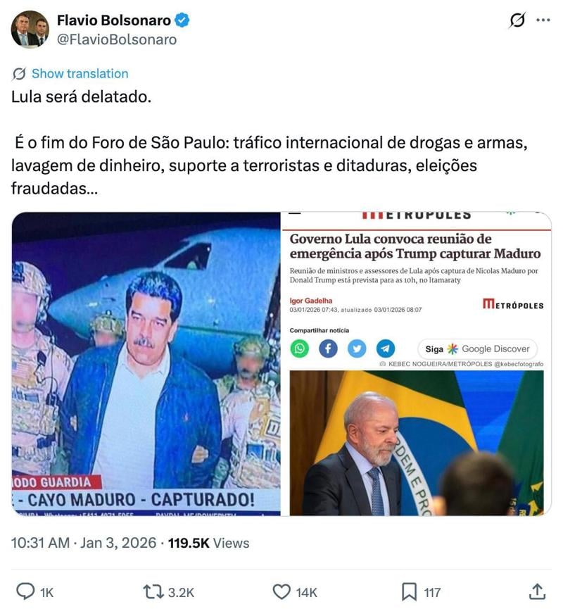 Publicação de Flávio Bolsonaro. 