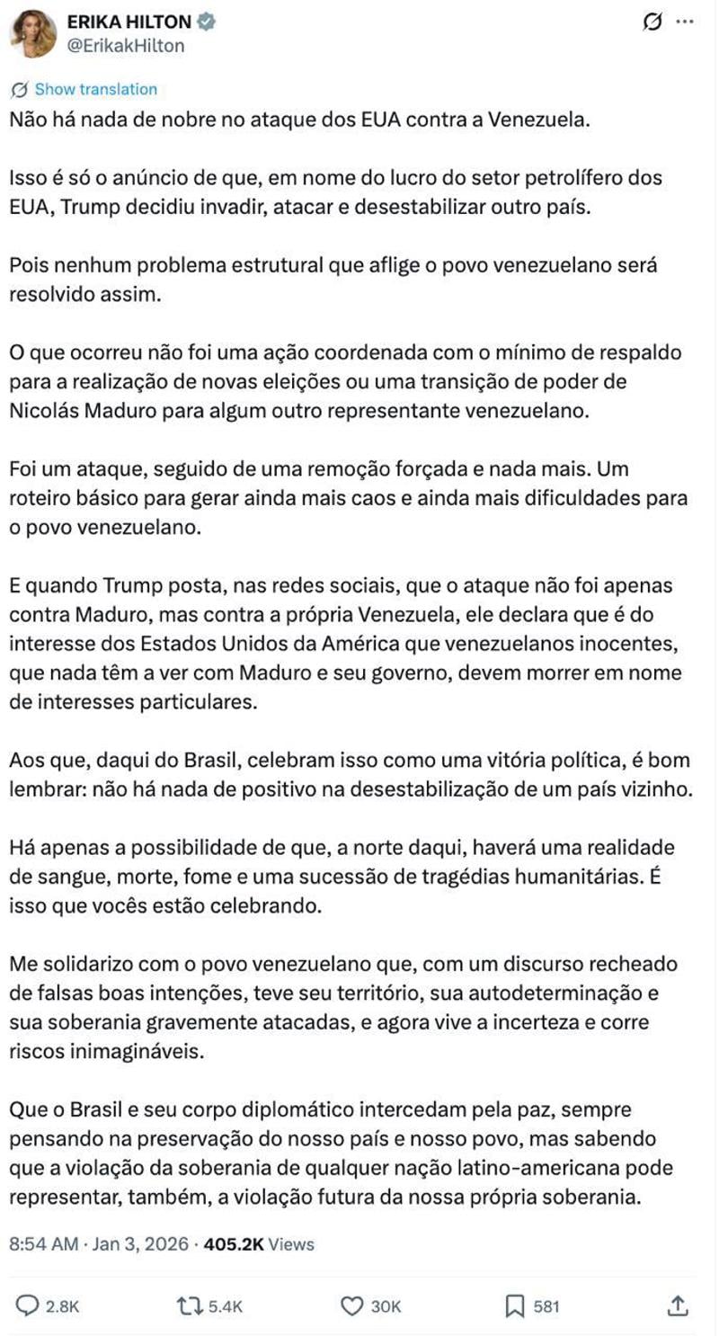 Publicação de Erika Hilton.