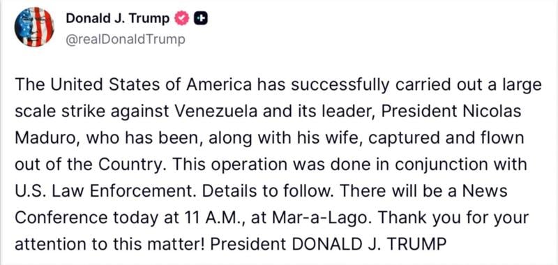 Publicação do presidente norte-americano, Donald Trump.