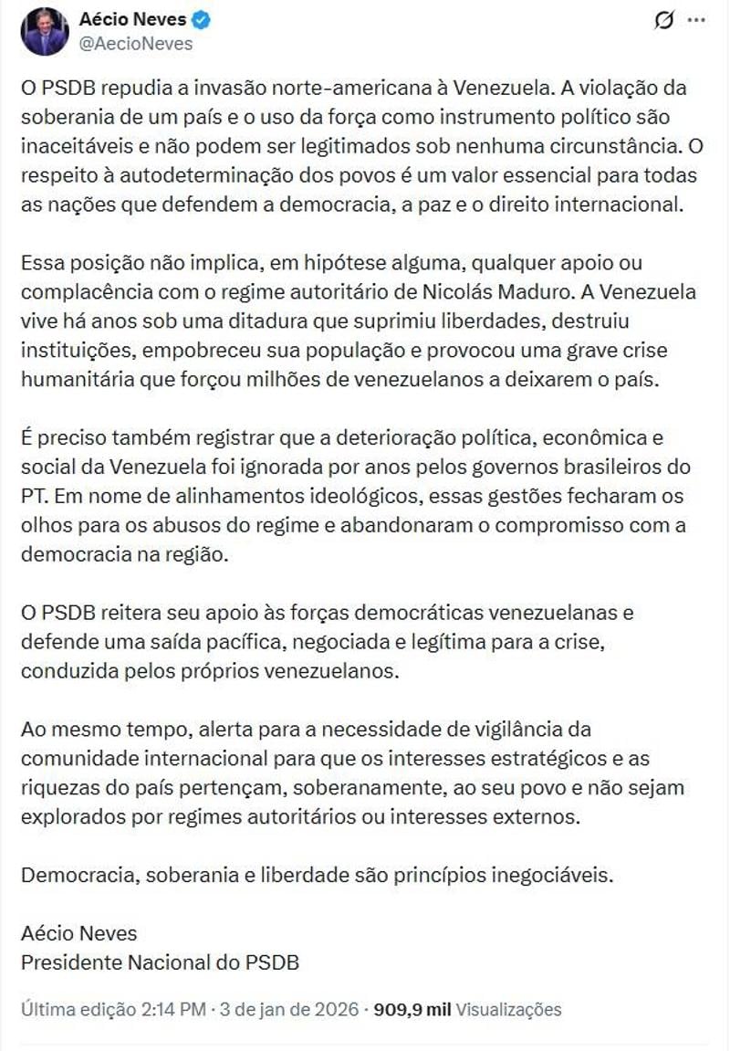 Nota divulgada pelo presidente da legenda, Aécio Neves. 