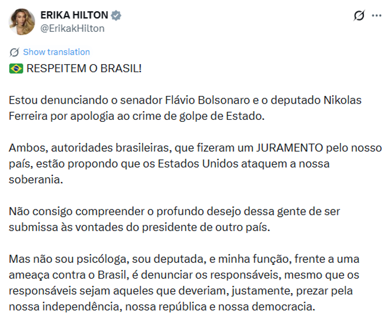 Publicação de Erika Hilton no X.