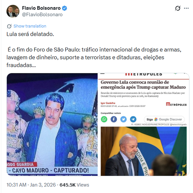 Postagem de Flávio Bolsonaro no X.
