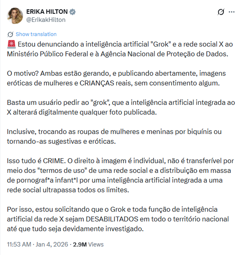 Publicação de Erika Hilton no X.