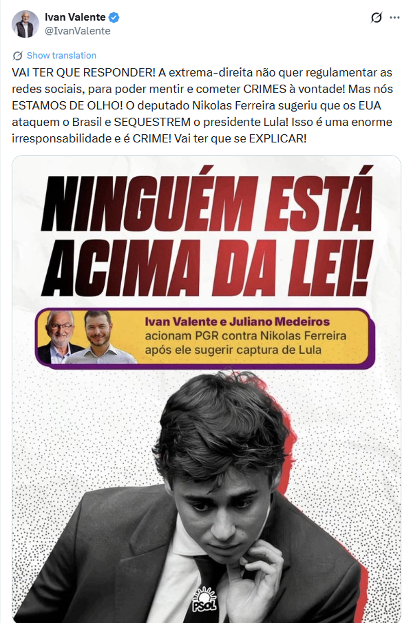 Publicação de Ivan Valente no X.