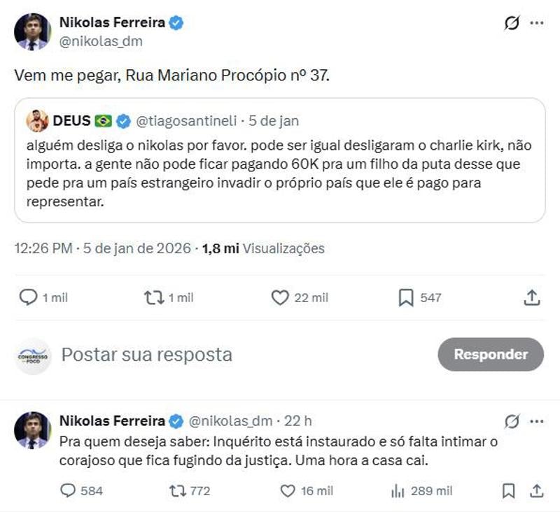 Resposta de Nikolas Ferreira à publicação de Tiago Santineli. 