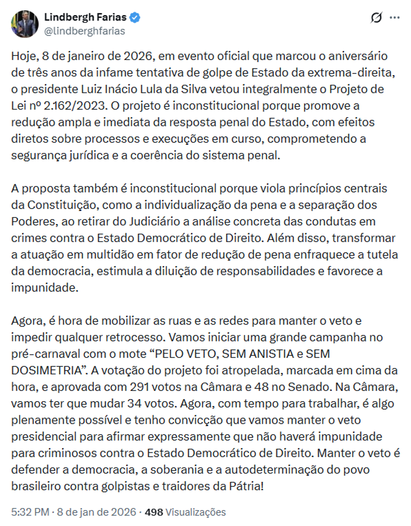 Lindbergh disse que a proposta é inconstitucional.