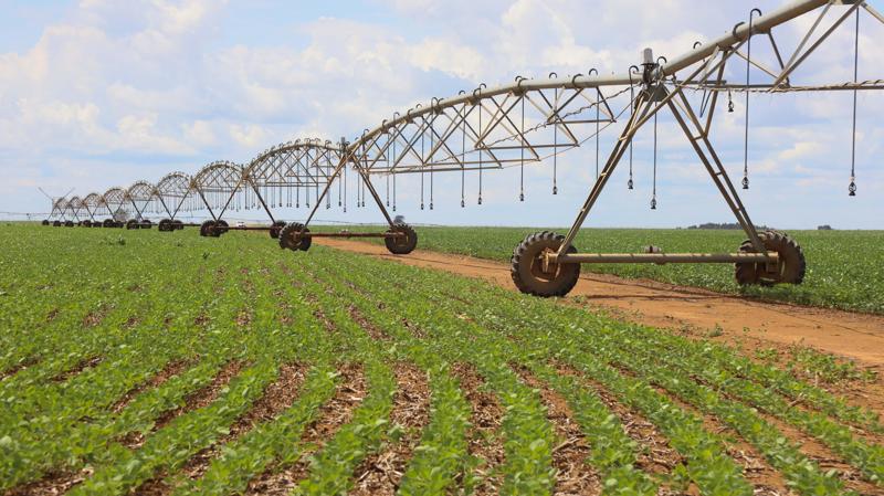 Plantação de soja sendo irrigada em propriedade rural, no município de Patrocínio (MG).