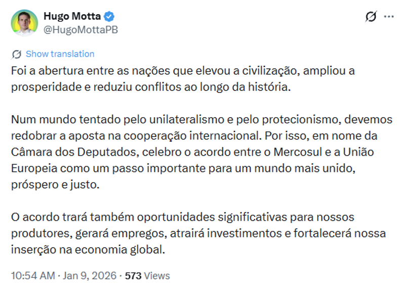 Publicação de Motta no X.