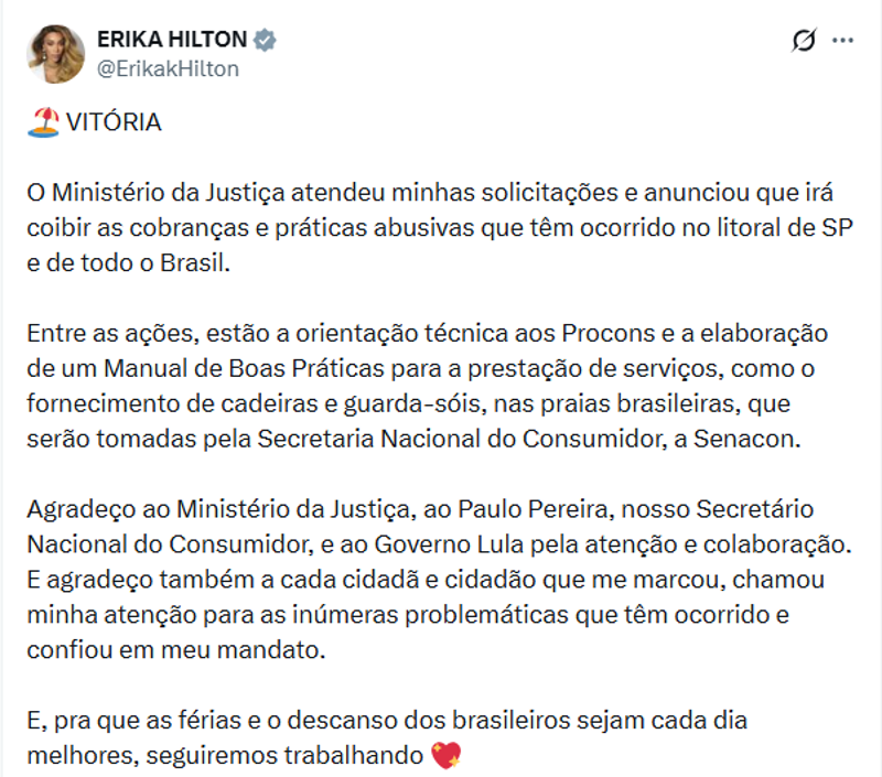 Publicação de Erika Hilton.
